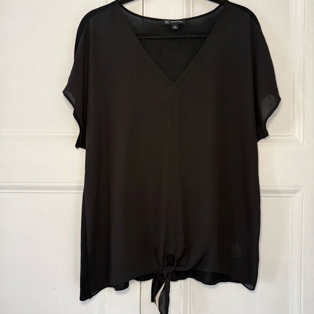 INC International Concepts Black V-Neck Tie-Front Mixed Media Top XL